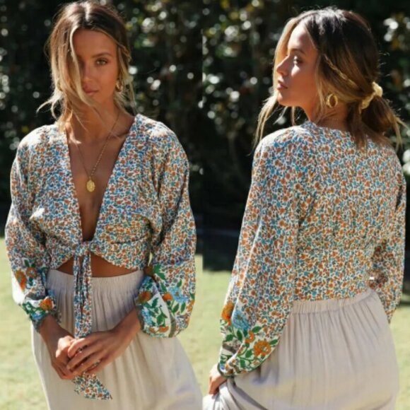 Floral Tie-Front Crop Top - Blue and Orange - Picture 1 of 10